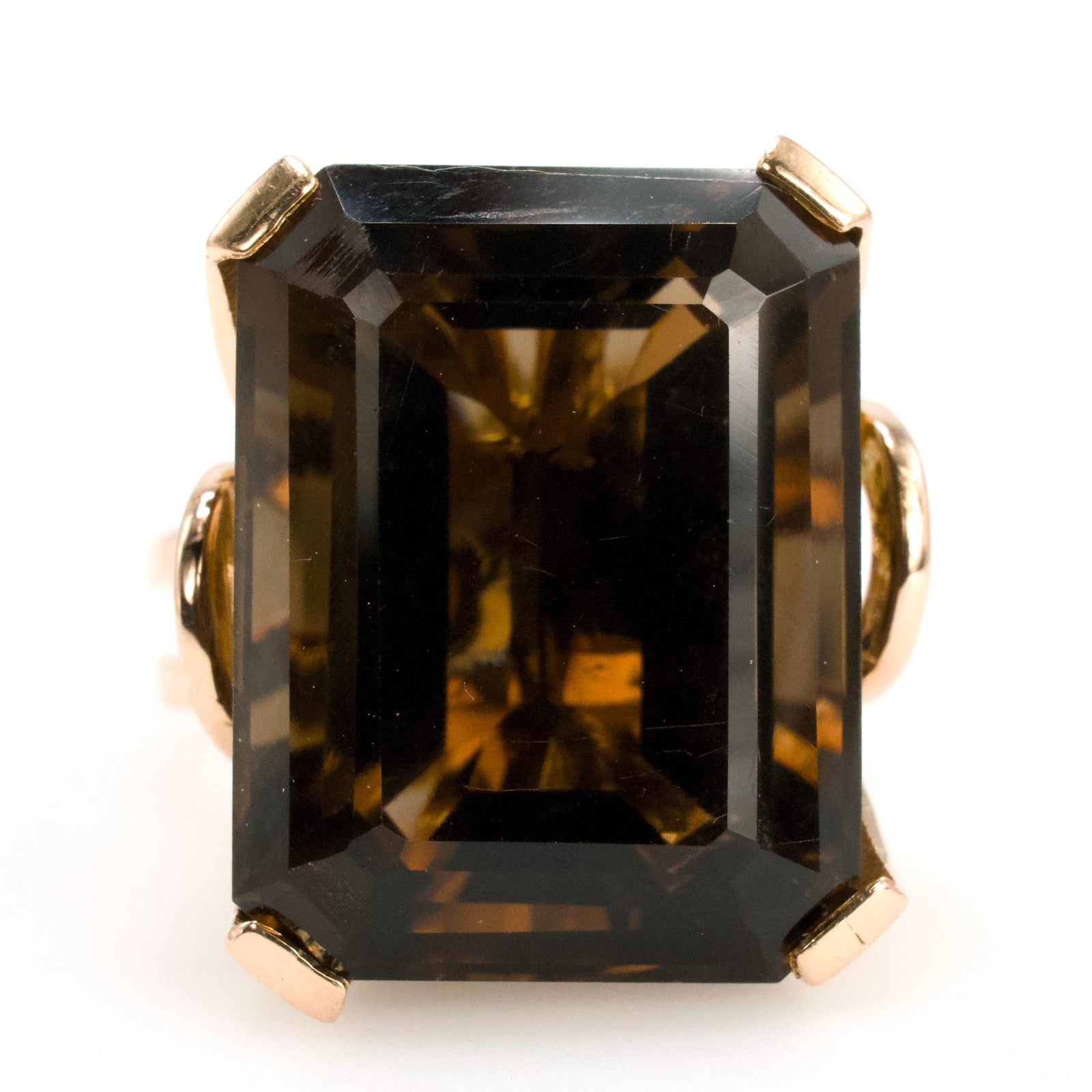Large Emerald Cut Smoky Quartz and Rose Gold Ring