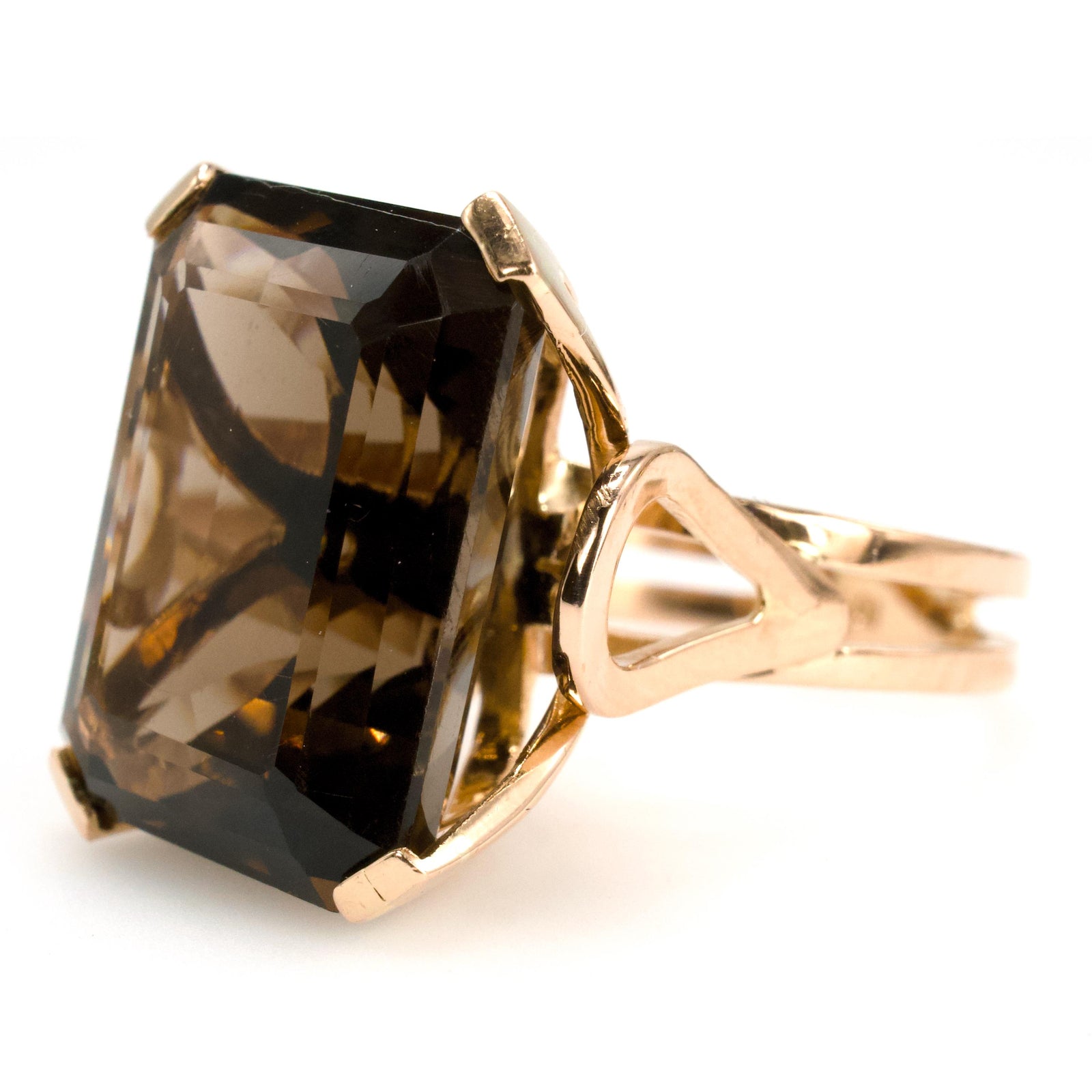 Large Emerald Cut Smoky Quartz and Rose Gold Ring