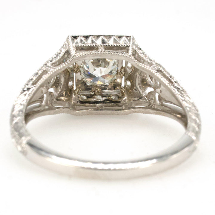 0.56 Carat Old European Cut Diamond in Art Deco Style White Gold Square Setting with Filigree