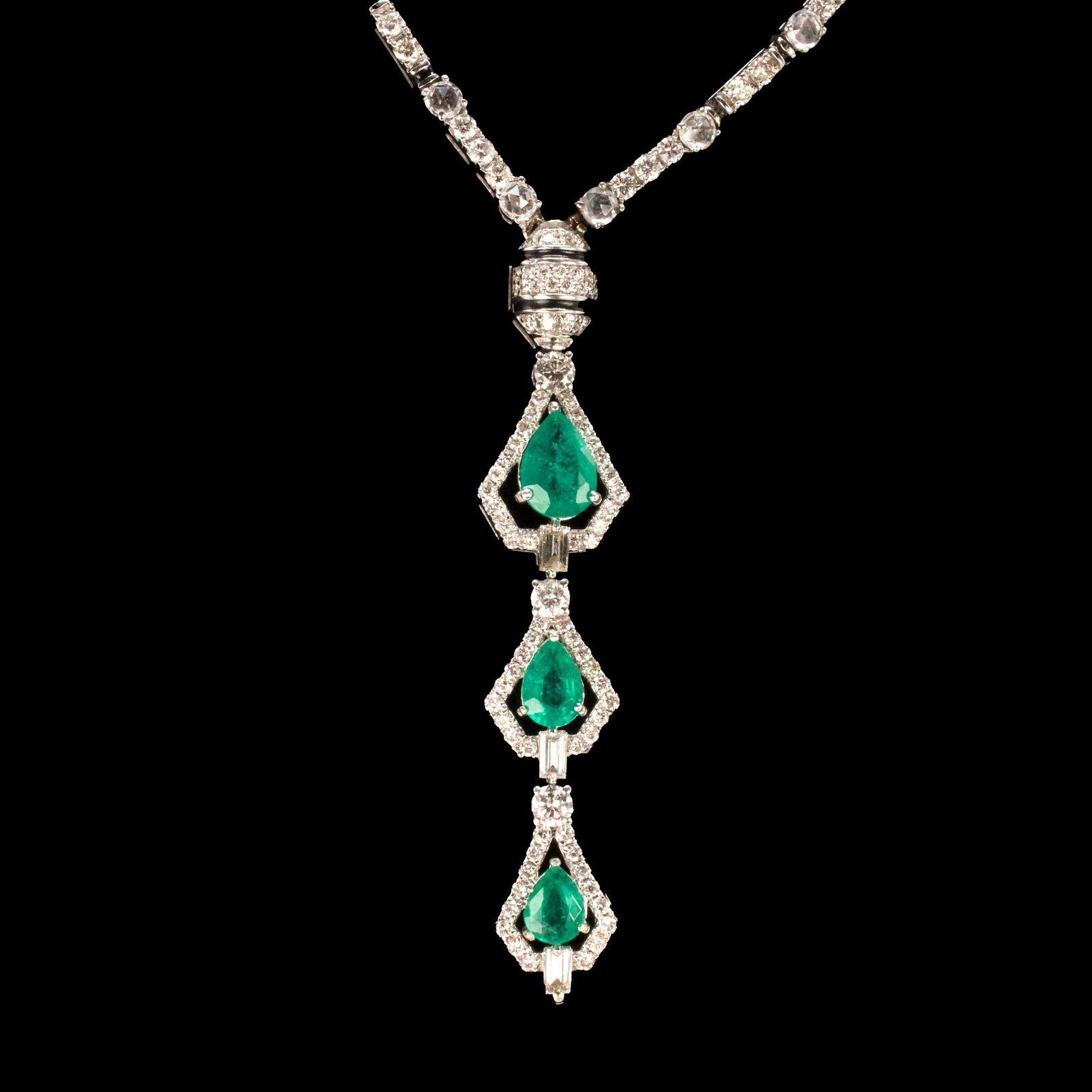 Diamond and Pear Cut Emerald Pendant Necklace with Rose Cut Diamonds