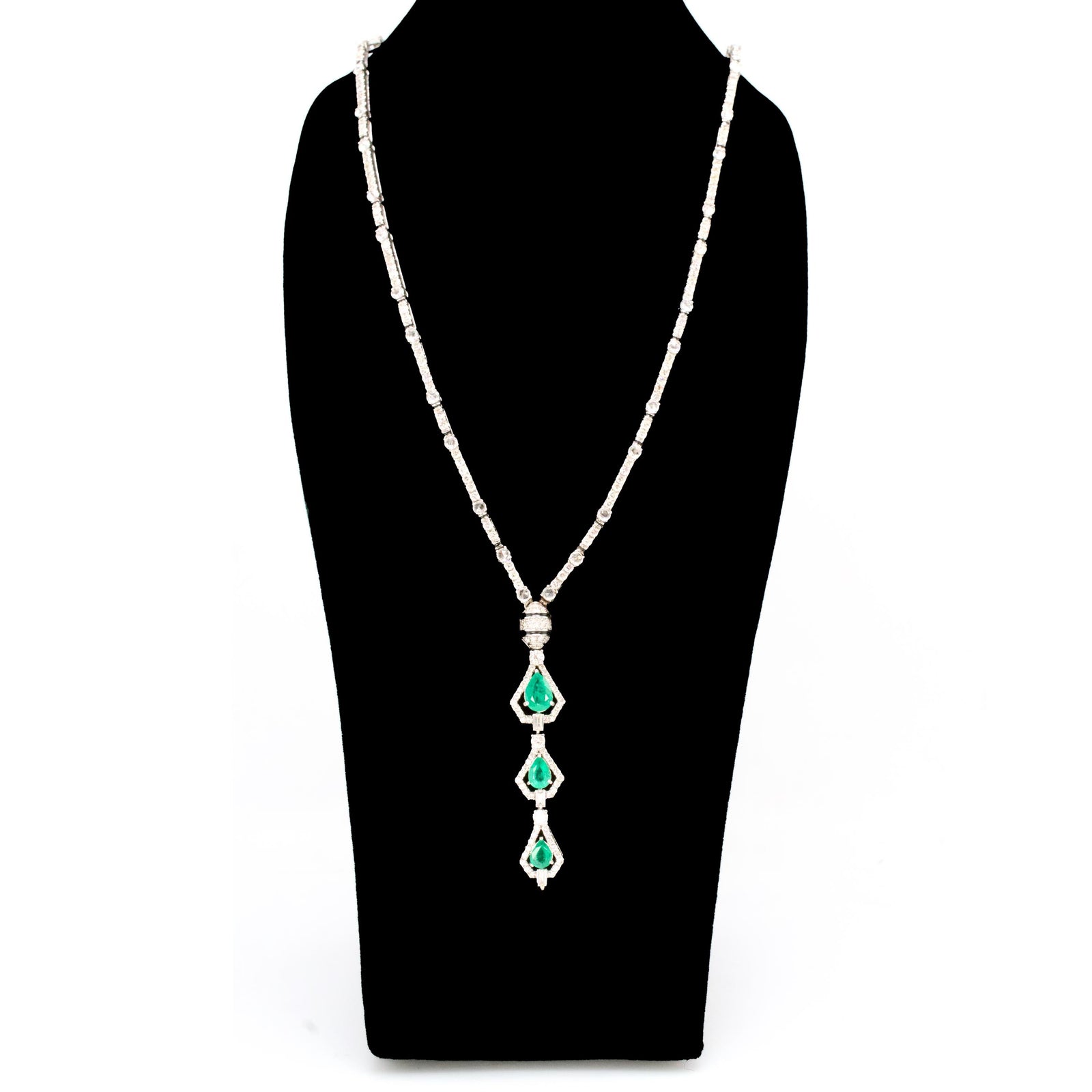 Diamond and Pear Cut Emerald Pendant Necklace with Rose Cut Diamonds