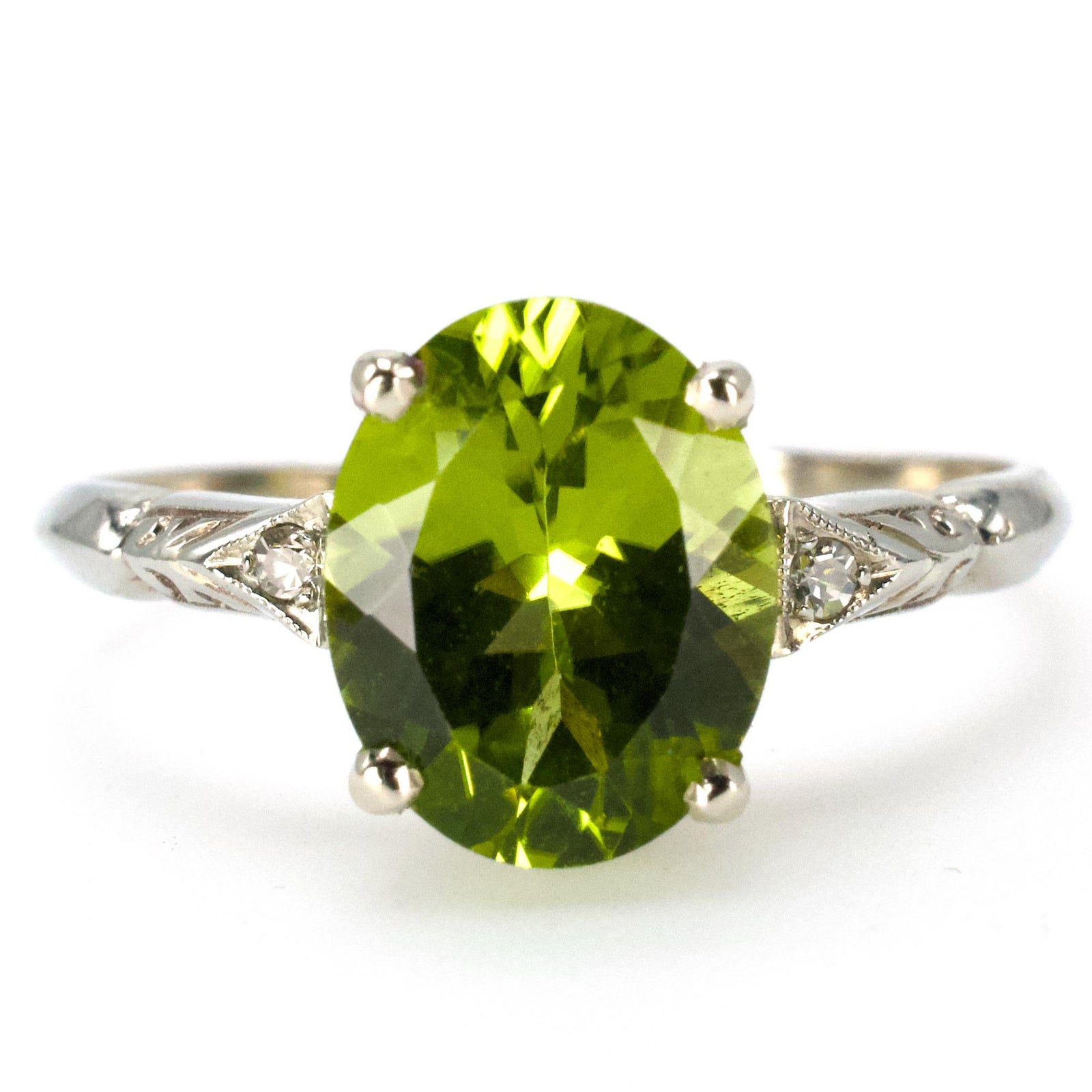 2.3 Carat Oval Peridot and Diamond White Gold Solitaire