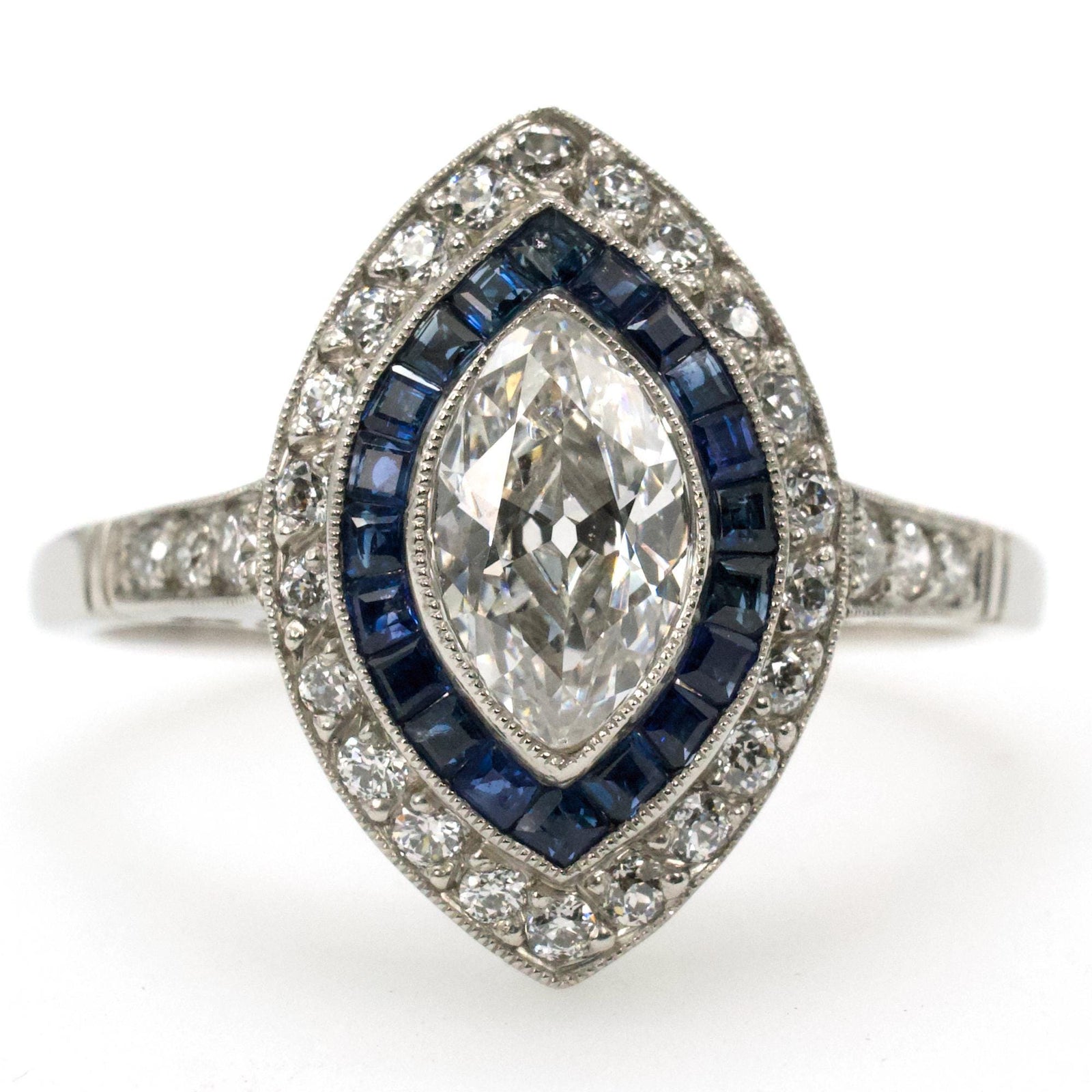 Art Deco Inspired Antique Marquise Cut Diamond Ring with Sapphire and Diamond Double Halo in Platinum
