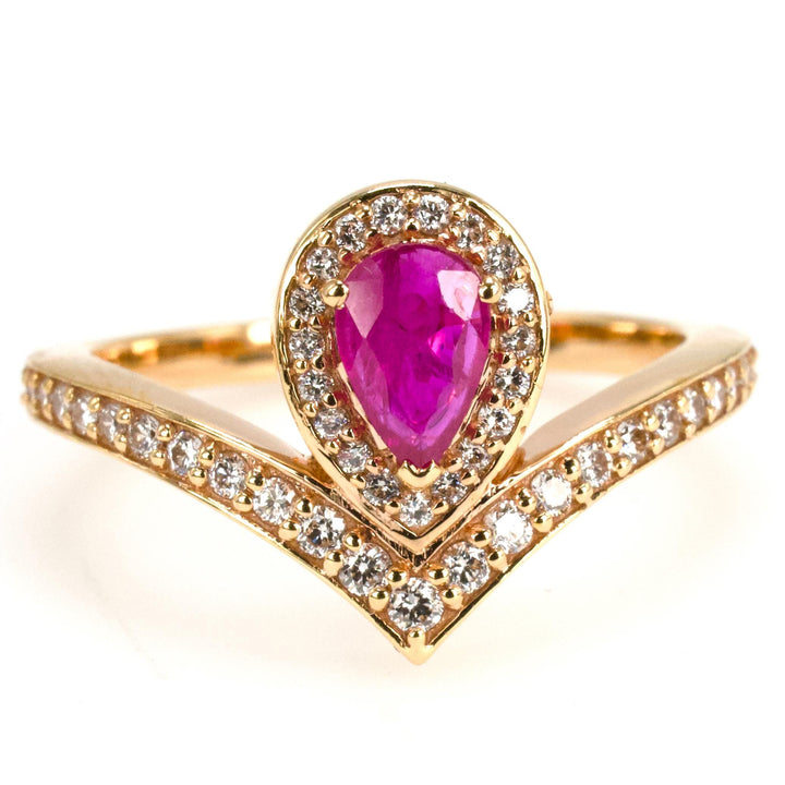 Art Nouveau Style Pear Ruby and Diamond Tiara Style Ring