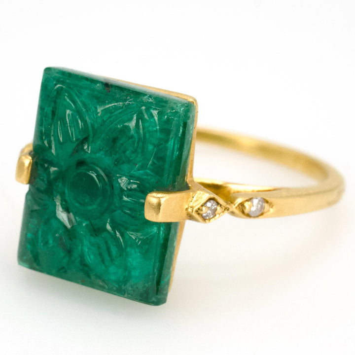 Carved Rectangular Emerald in 18 Karat Gold Ancient Inspired Ring