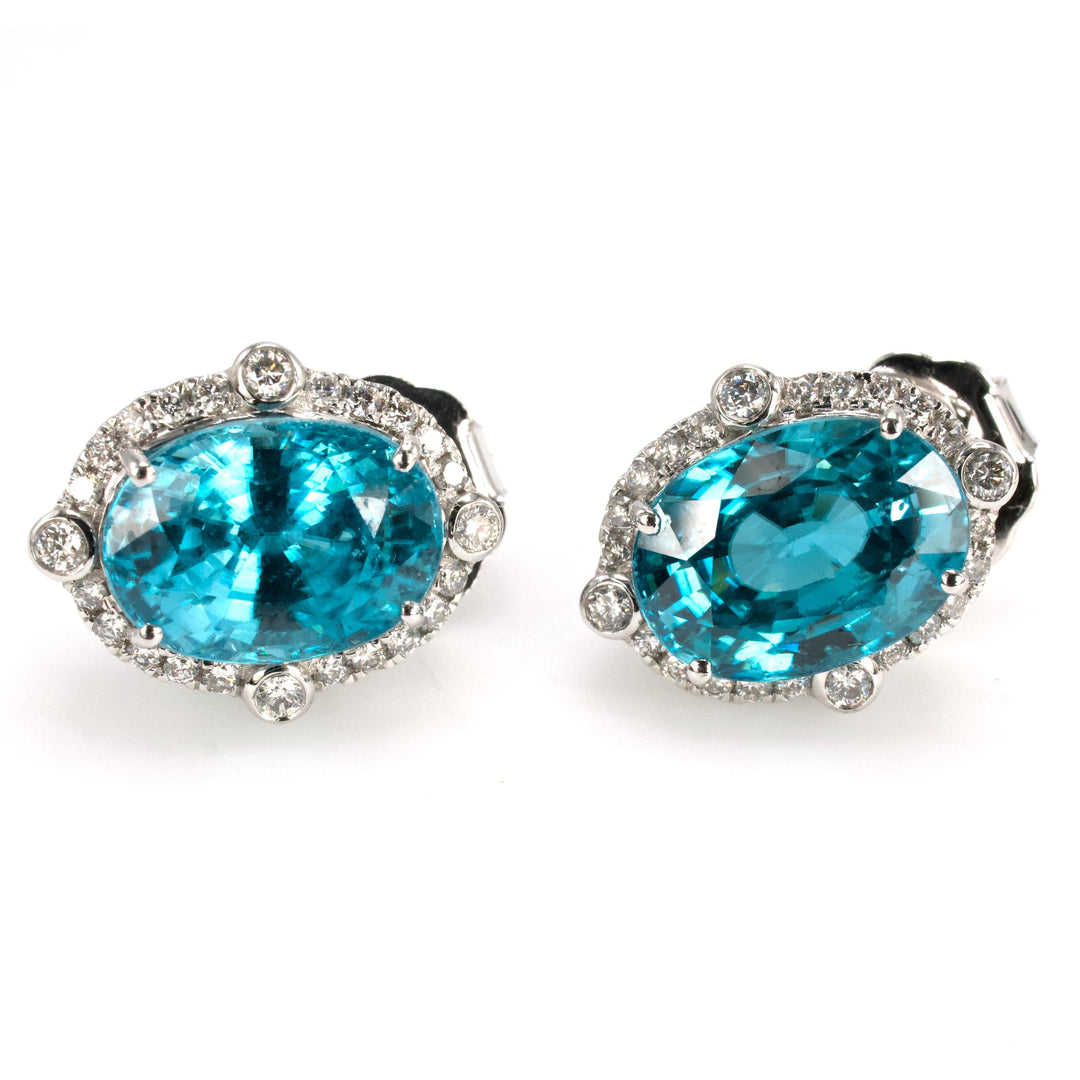 Antique Inspired Large Oval Blue Zircon and Diamond Stud Earrings