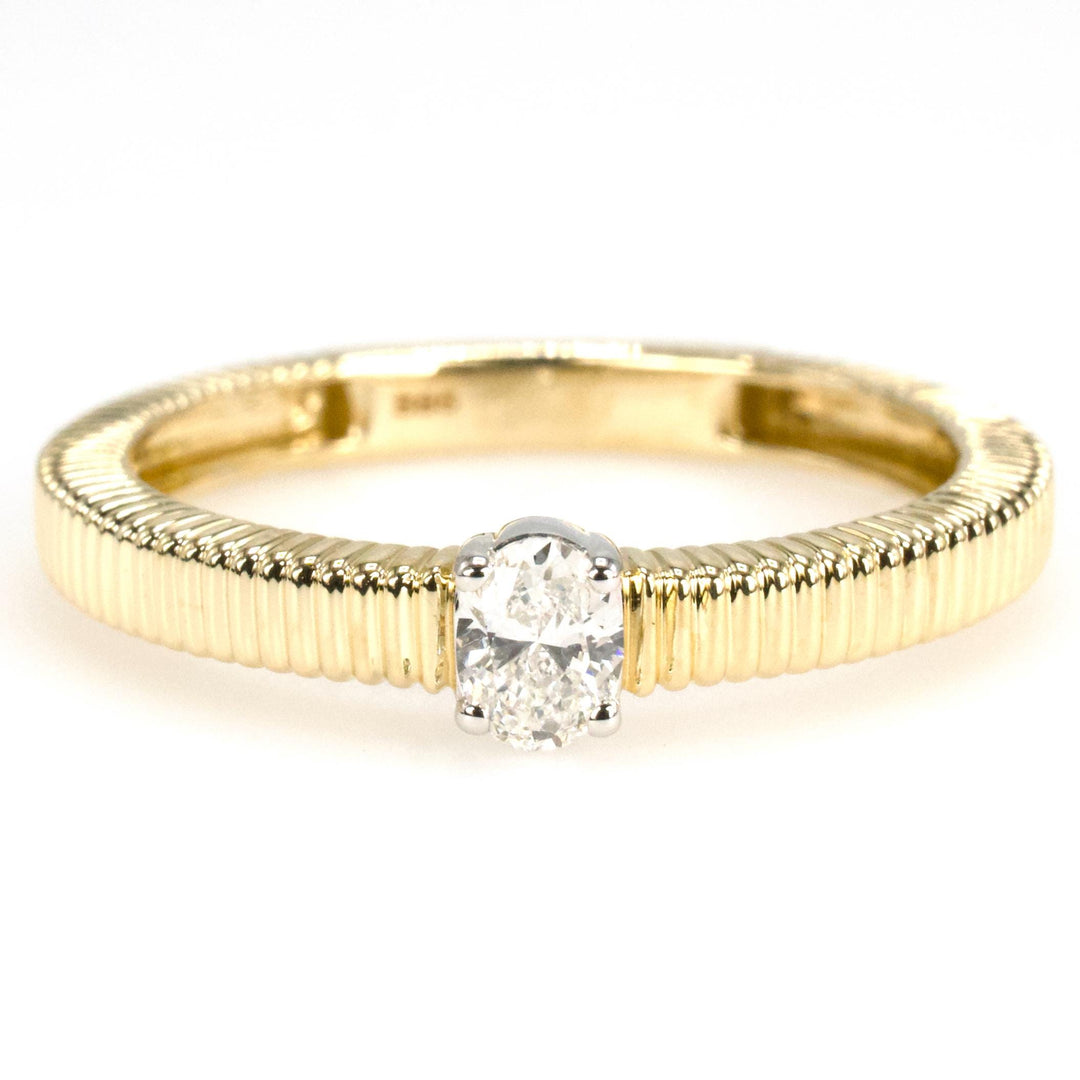 Ribbed Yellow Gold Band with Small Oval Diamond