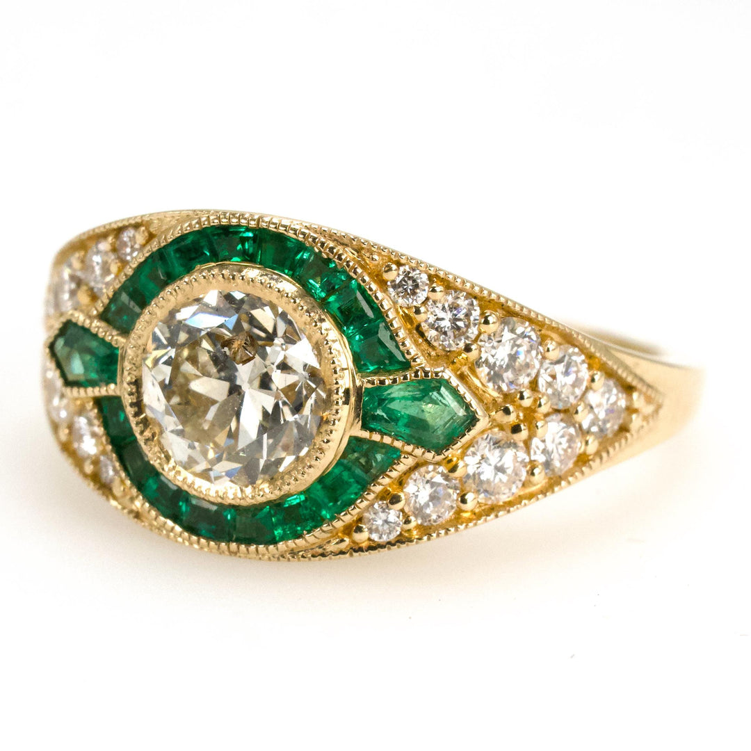 Art Deco Style European Cut Diamond Ring with Accent Emeralds and Pavé Diamonds