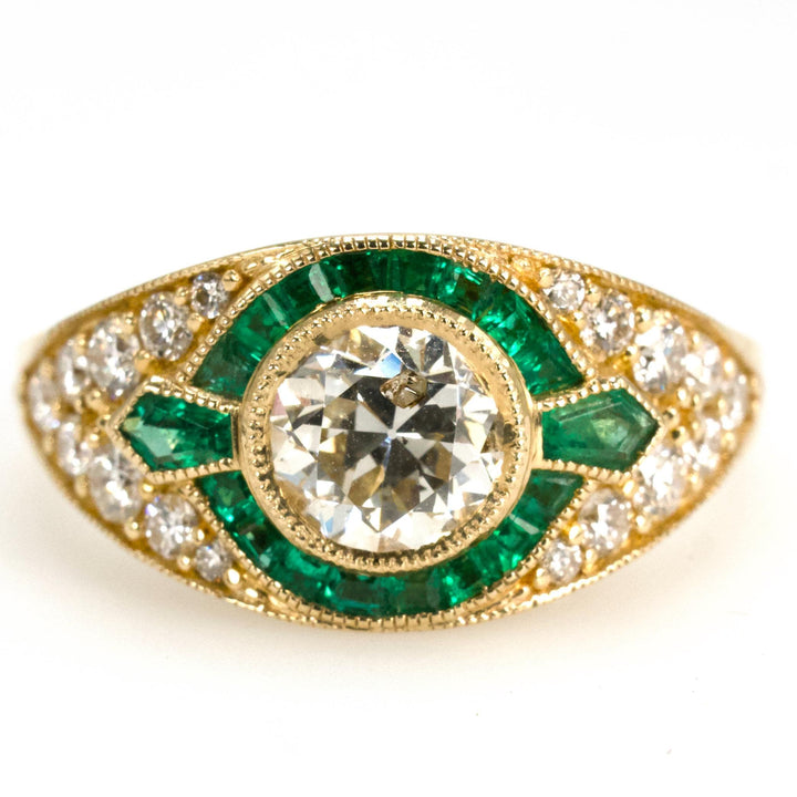 Art Deco Style European Cut Diamond Ring with Accent Emeralds and Pavé Diamonds