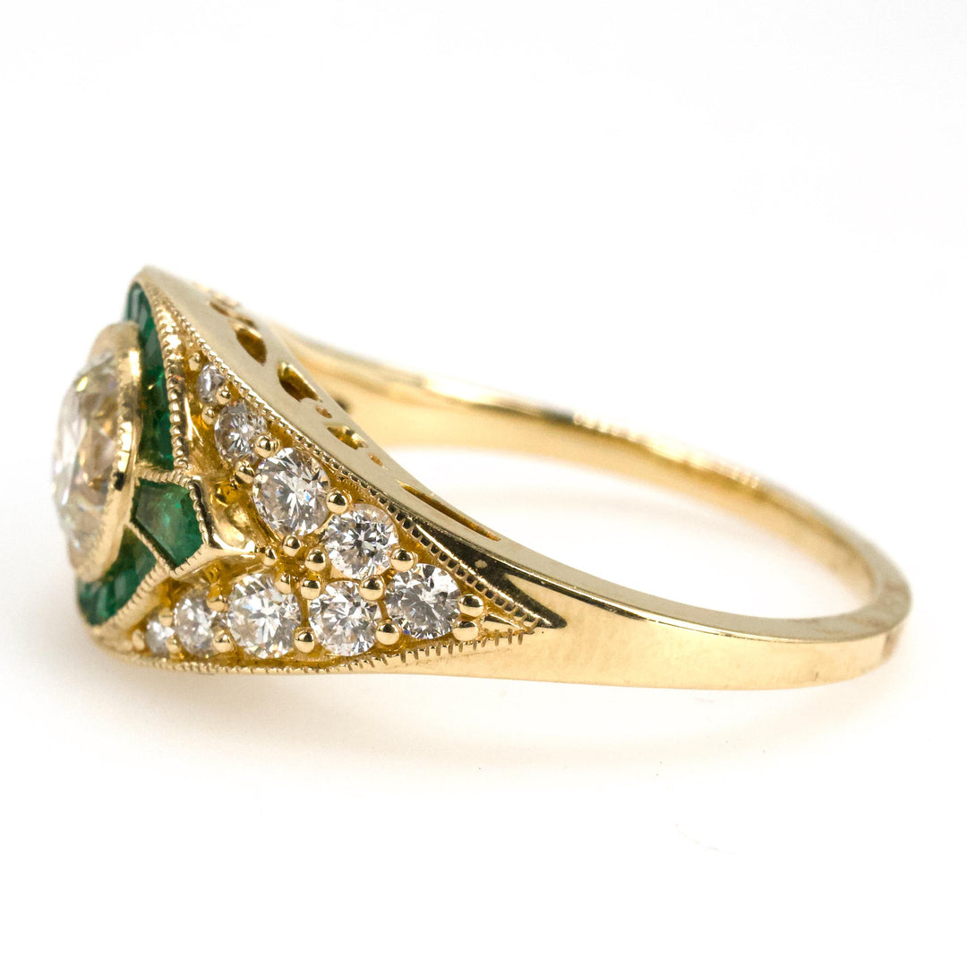 Art Deco Style European Cut Diamond Ring with Accent Emeralds and Pavé Diamonds