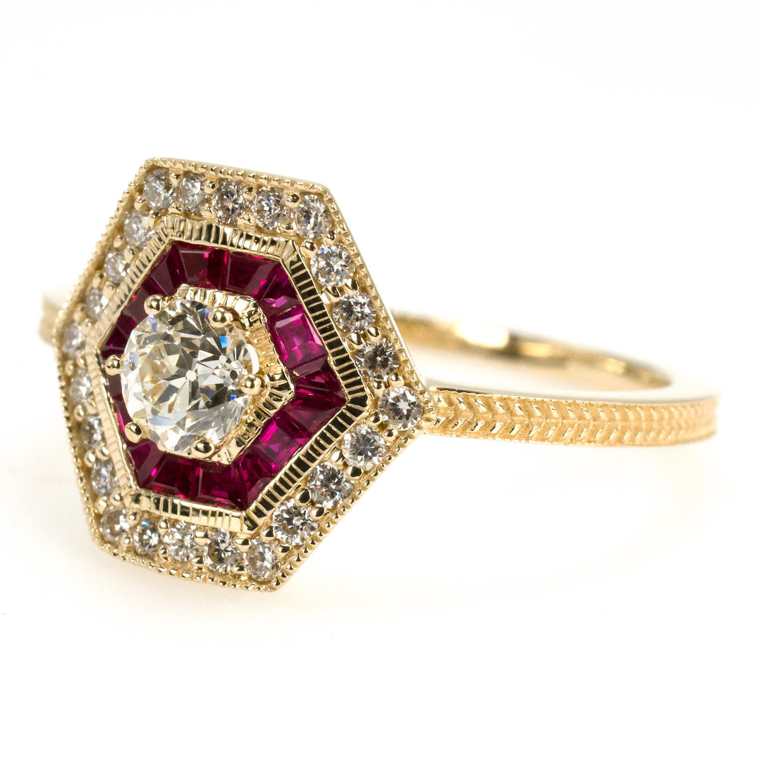 Shield or Hexagonal Shaped Diamond and Ruby Double Halo Art Deco Style Ring