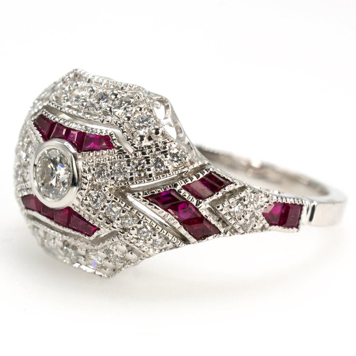 14K White Gold Diamond and Ruby Art Deco Style Engagement Ring