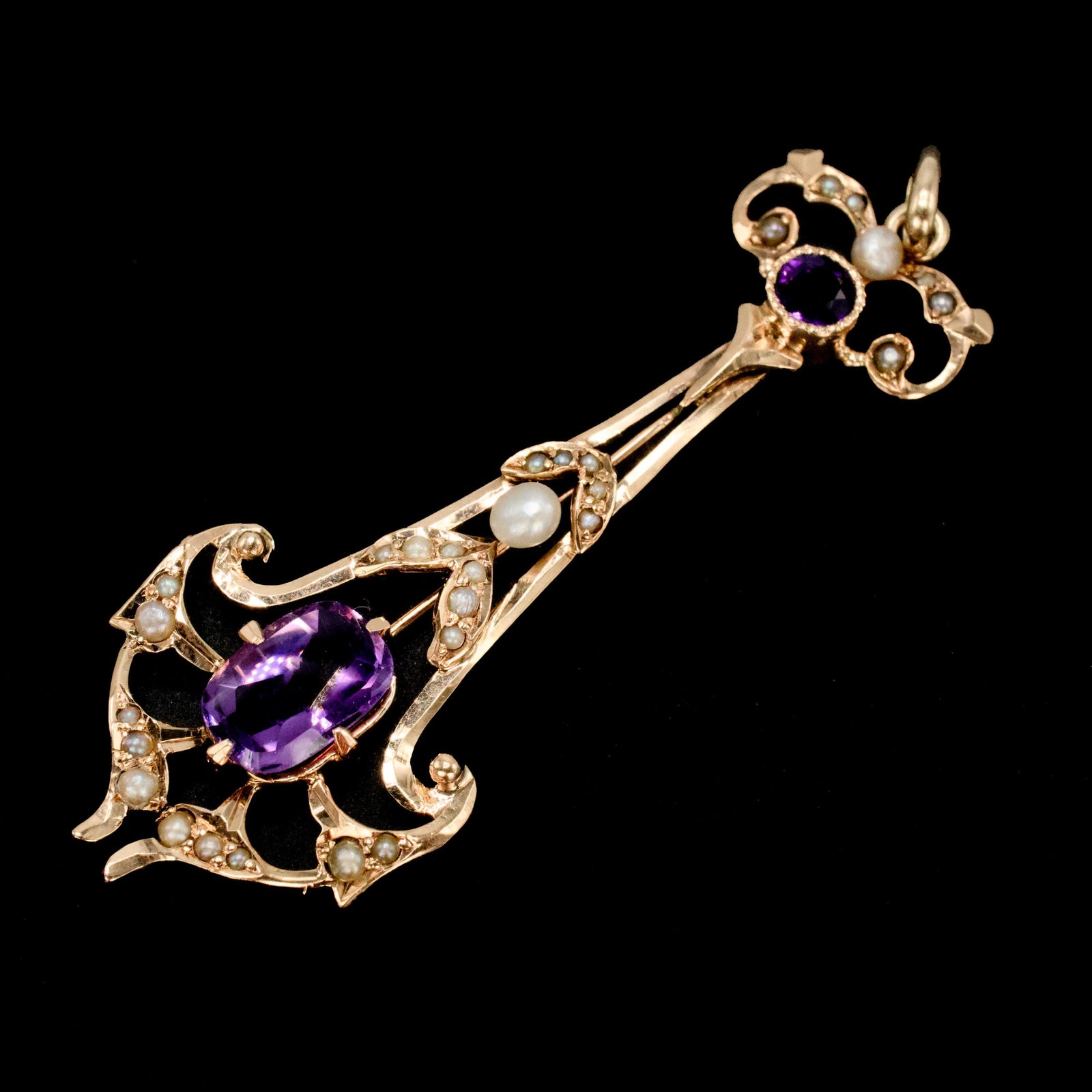 Estate Victorian Style Yellow Gold, Amethyst, and Seed Pearl Pendant