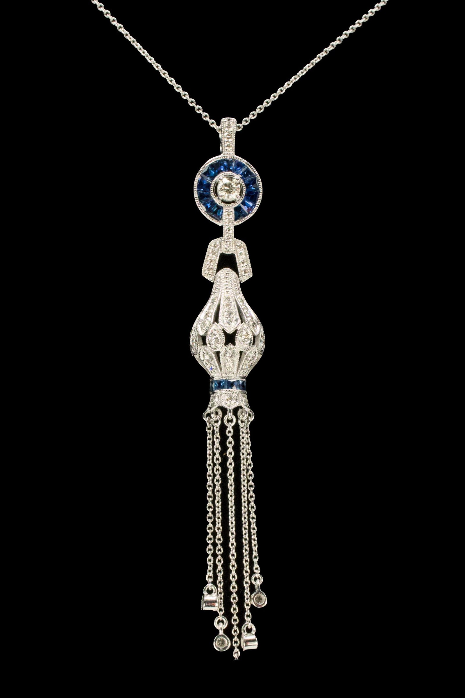 Art Deco Inspired White Gold, Diamond, and Sapphire Tassel Pendant Necklace
