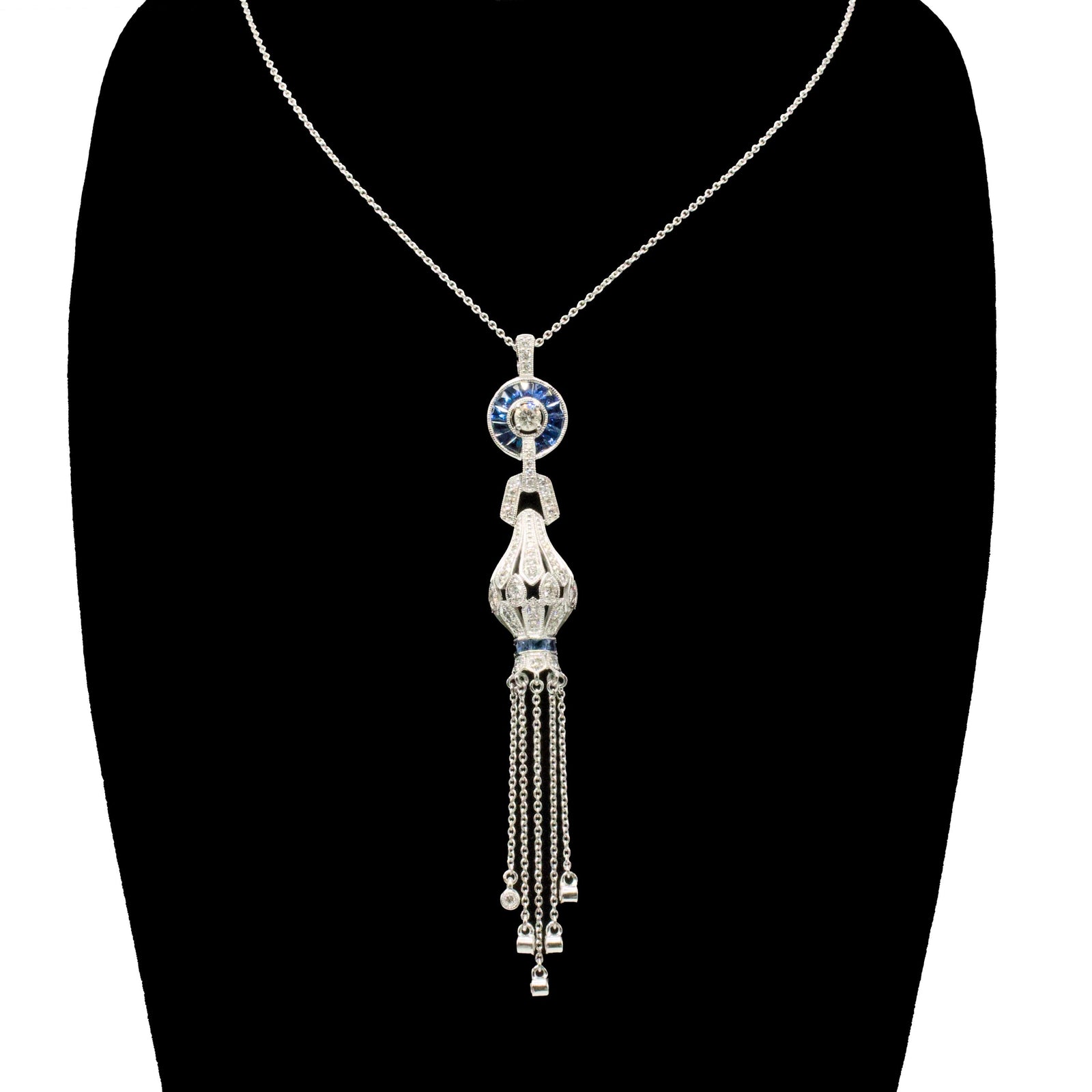 Art Deco Inspired White Gold, Diamond, and Sapphire Tassel Pendant Necklace