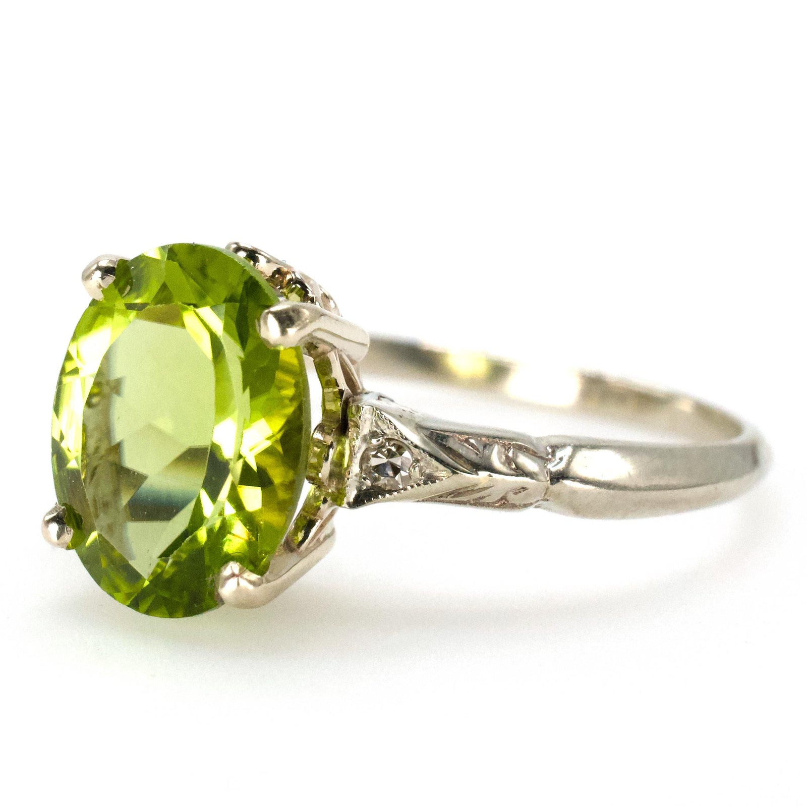 2.3 Carat Oval Peridot and Diamond White Gold Solitaire