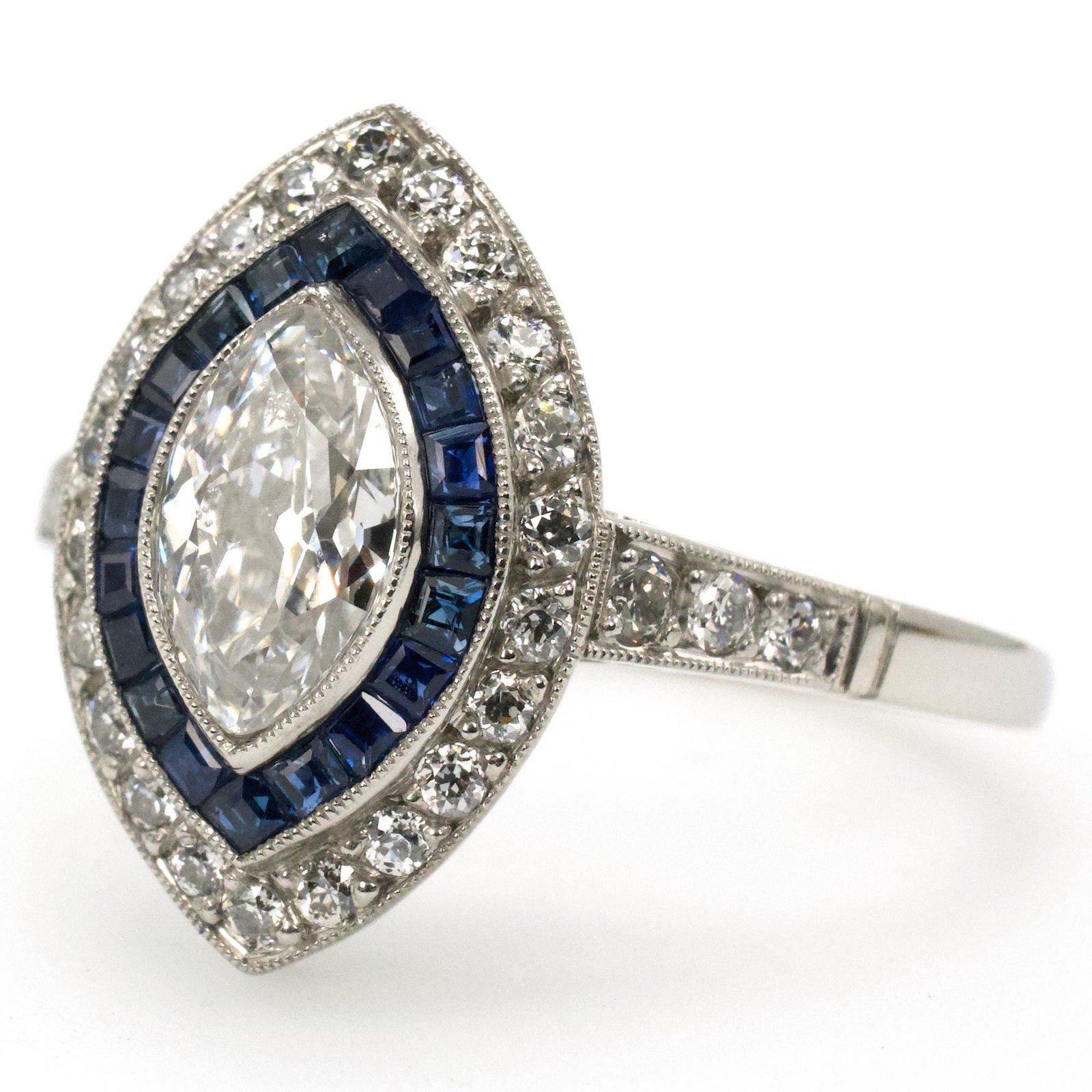 Art Deco Inspired Antique Marquise Cut Diamond Ring with Sapphire and Diamond Double Halo in Platinum