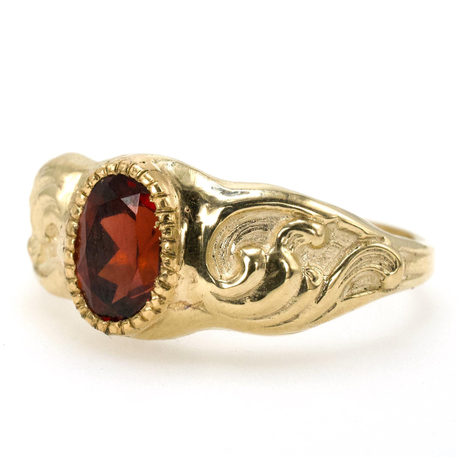 Victorian Inspired Oval Garnet Swirl Band in 10K Yellow Gold