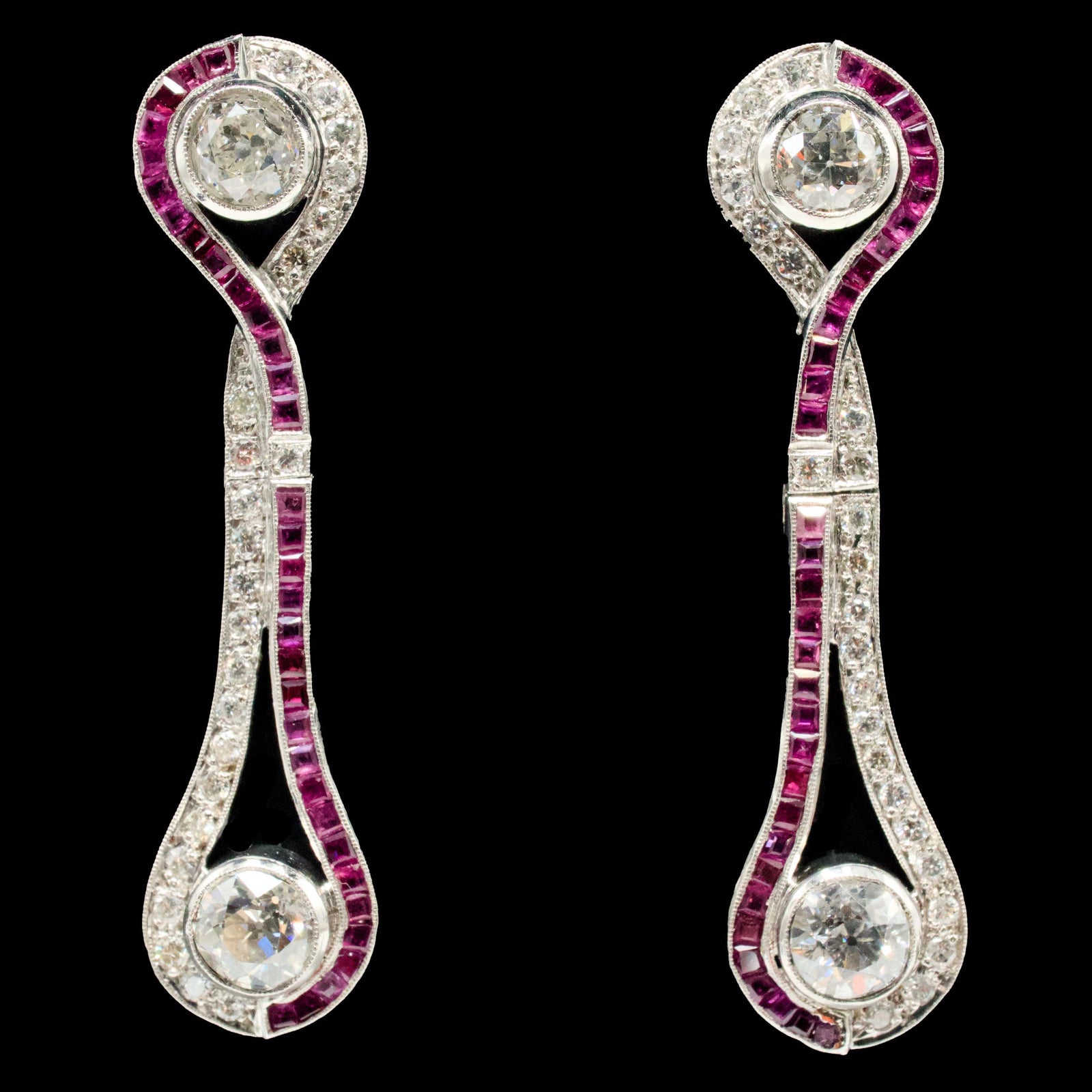 Art Deco Diamond and Ruby Criss-Cross Drop Earrings in 18K White Gold