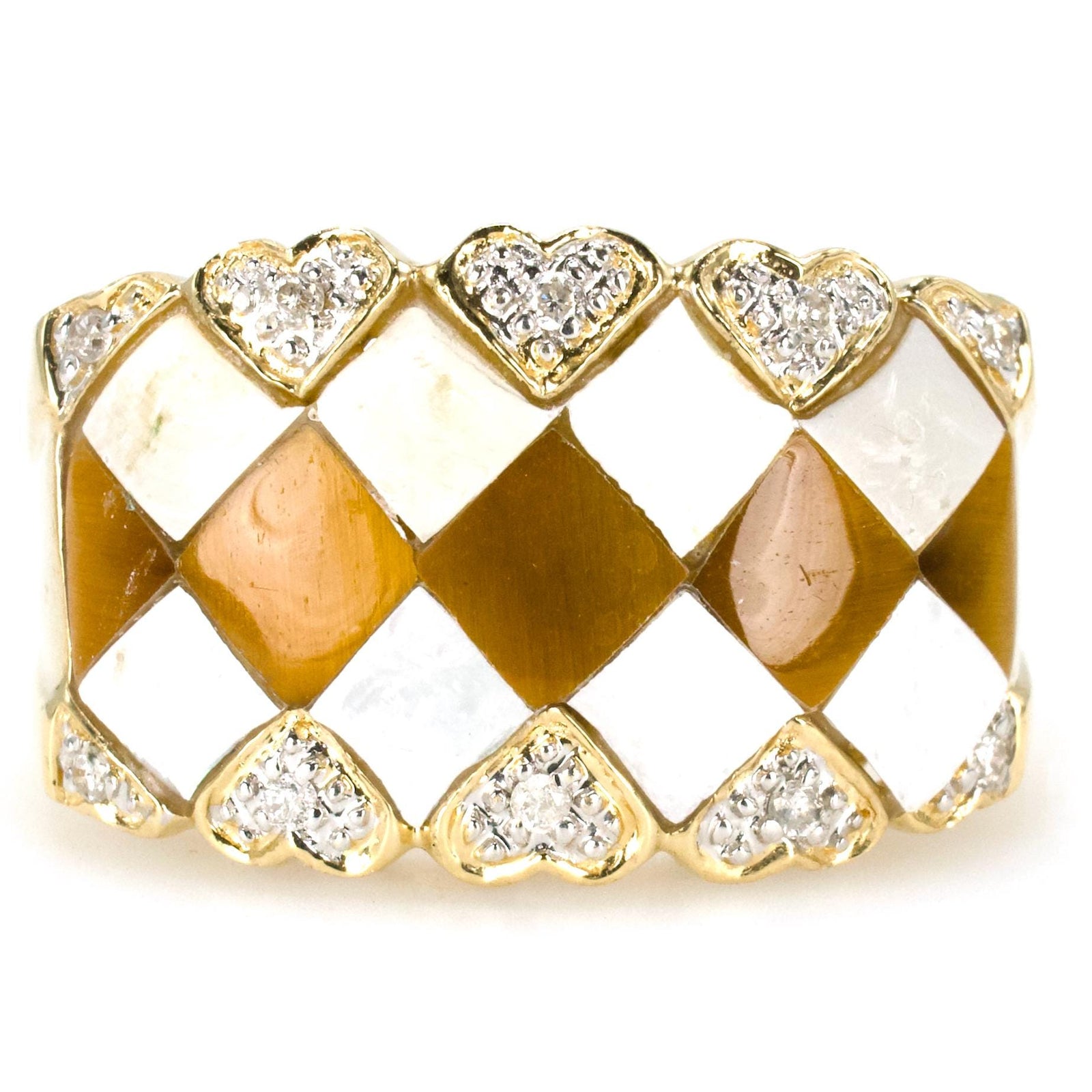 Estate Tiger's Eye and Mother of Pearl Inlay Ring with Diamonds in 14K Gold