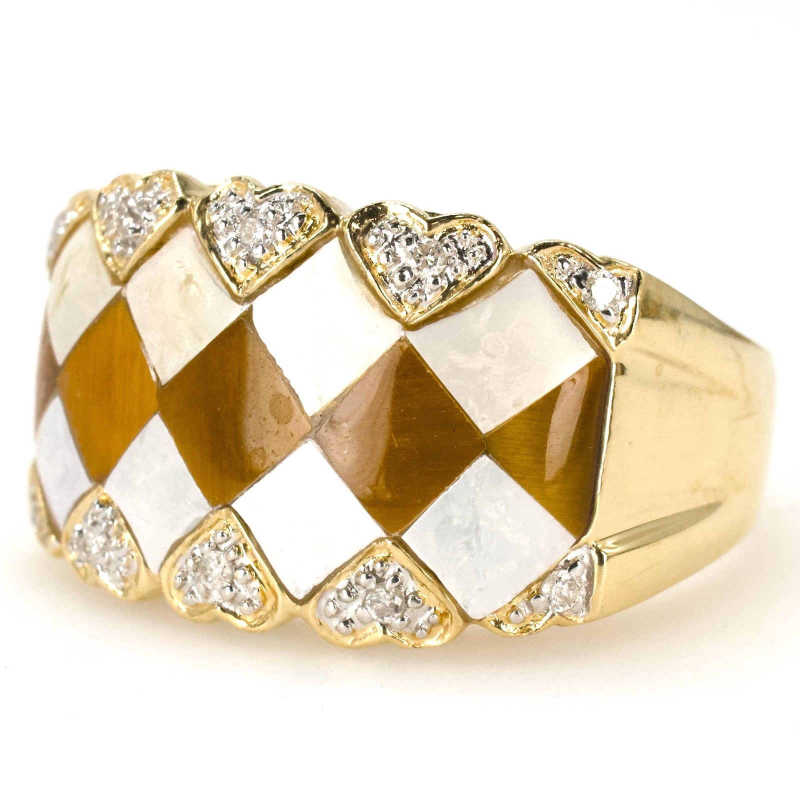 Estate Tiger's Eye and Mother of Pearl Inlay Ring with Diamonds in 14K Gold