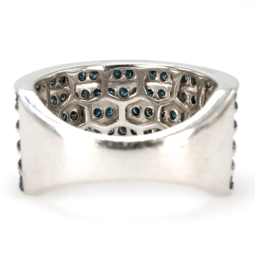 Wide Sterling Silver Ring with 5 Rows of Blue Diamonds