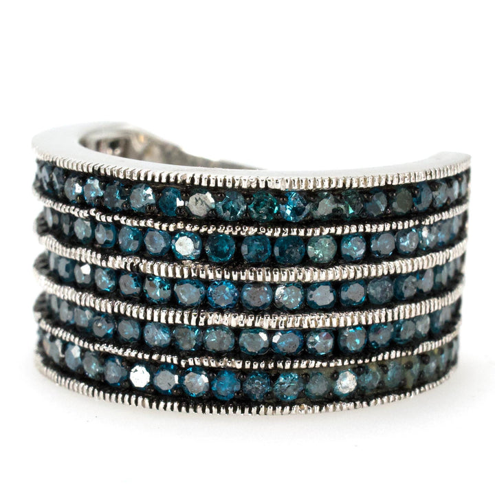 Wide Sterling Silver Ring with 5 Rows of Blue Diamonds