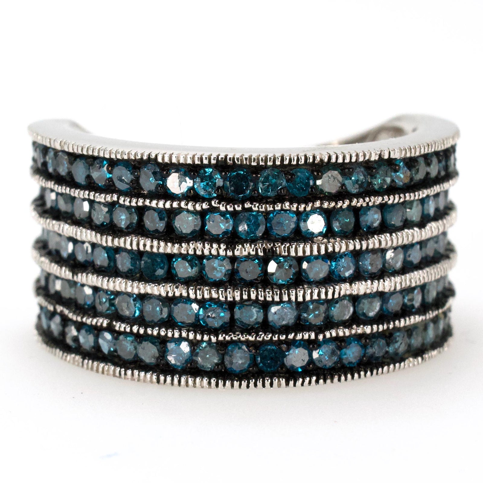 Wide Sterling Silver Ring with 5 Rows of Blue Diamonds