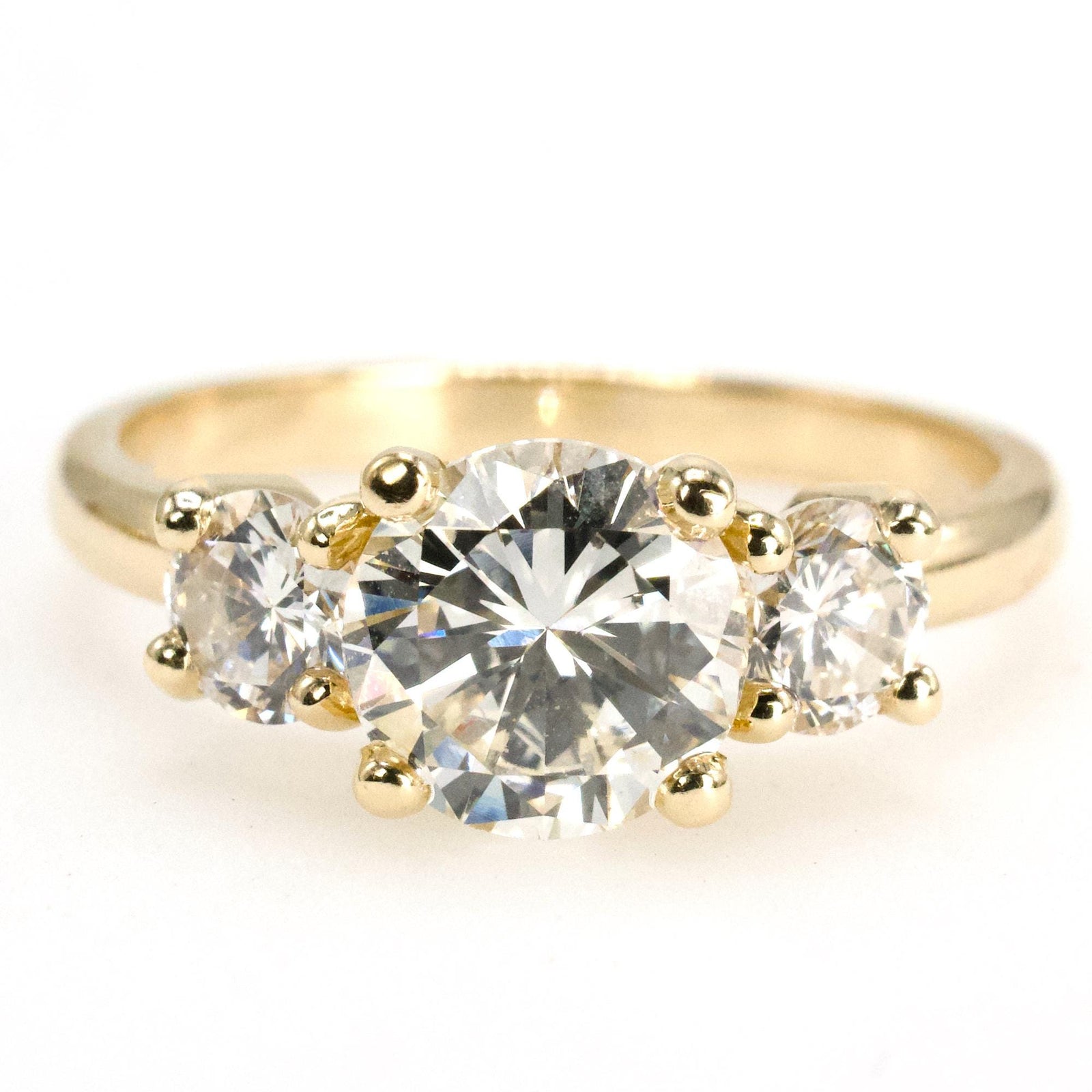 1.43 Carat Three Stone Diamond Engagement Ring in Yellow Gold