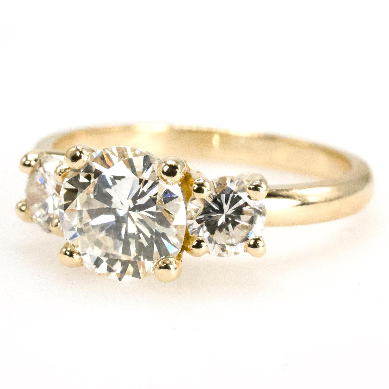 1.43 Carat Three Stone Diamond Engagement Ring in Yellow Gold