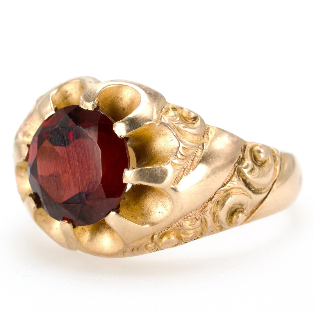 Late Victorian Yellow Gold Men's Belcher Ring with Large Red Garnet