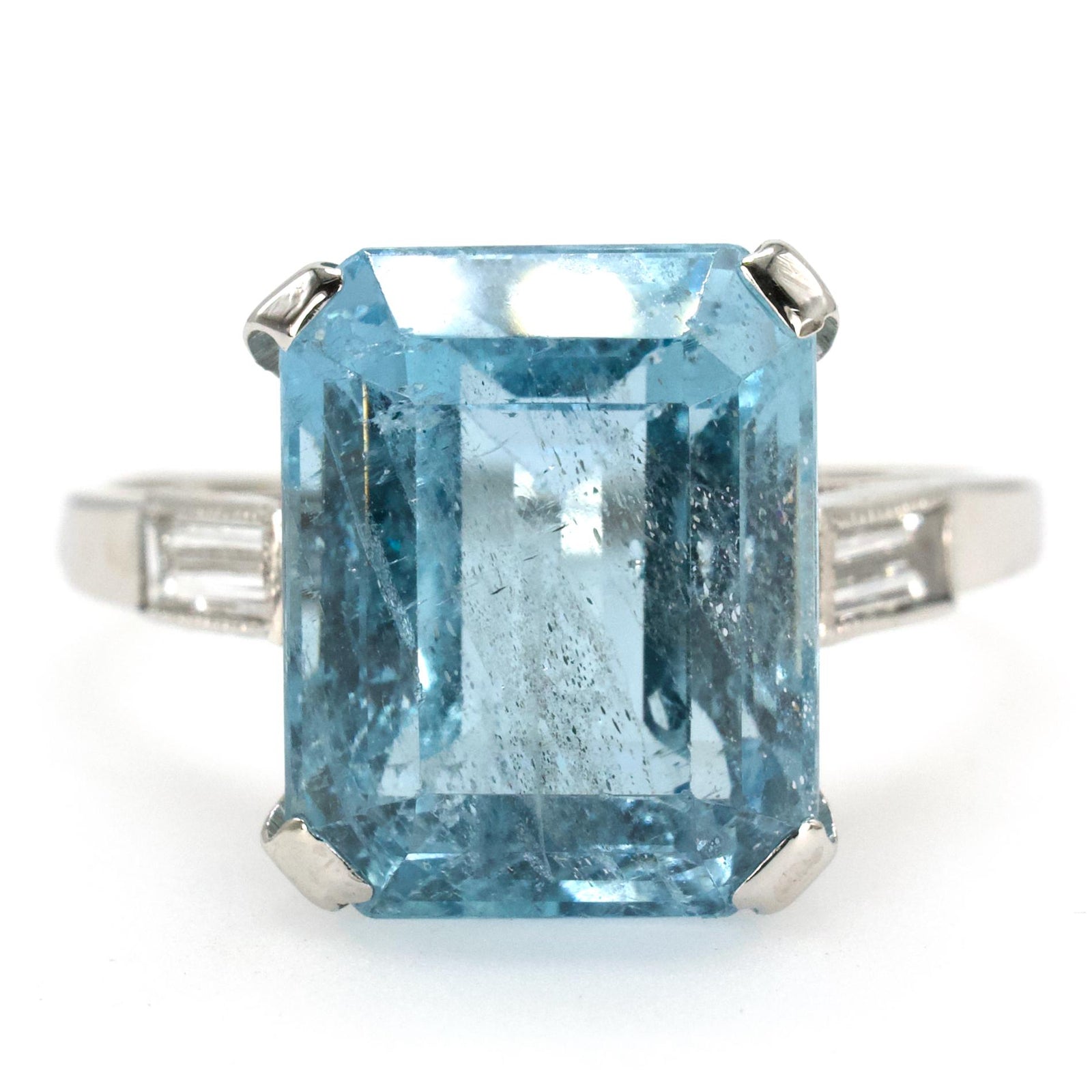 Art Deco Emerald Cut Aquamarine and Baguette Diamond Solitaire