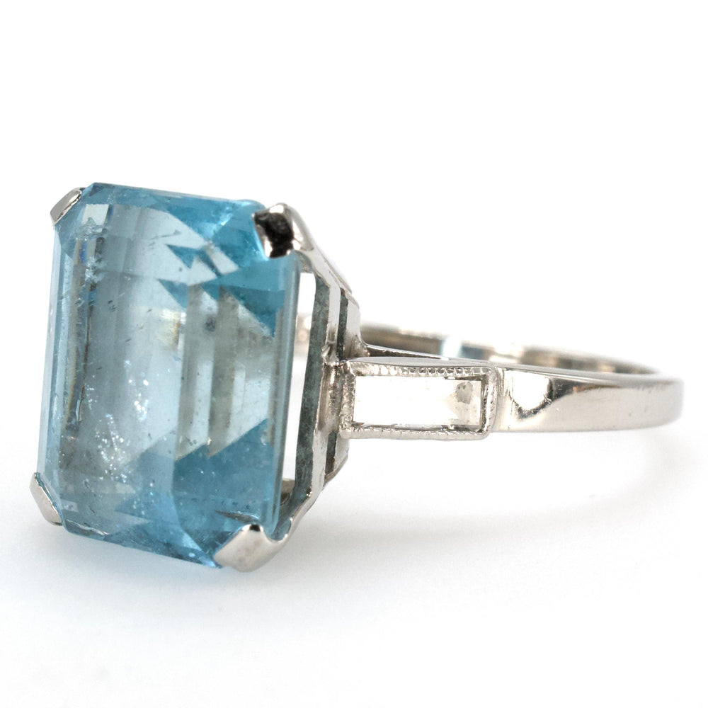 Art Deco Emerald Cut Aquamarine and Baguette Diamond Solitaire