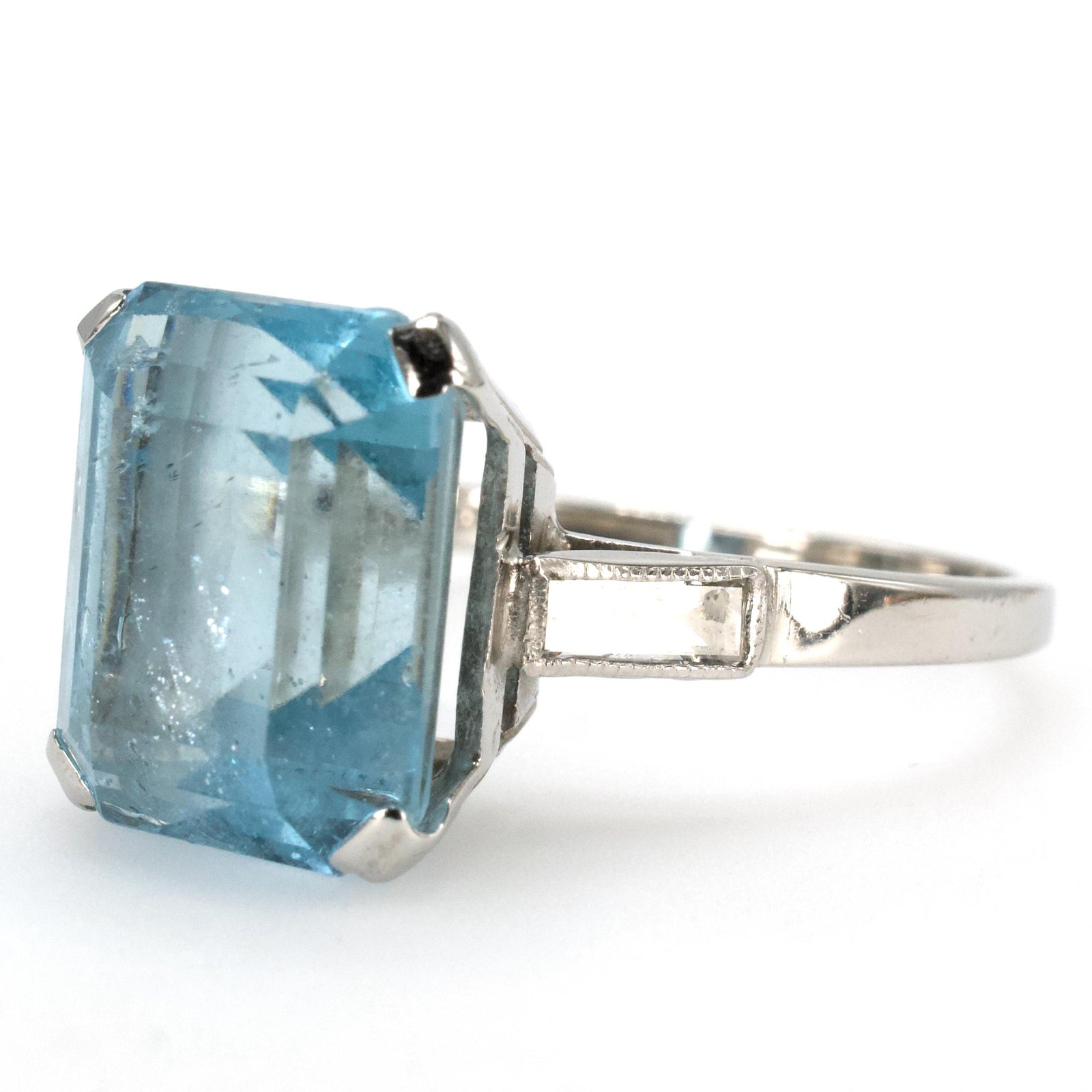 Art Deco Emerald Cut Aquamarine and Baguette Diamond Solitaire