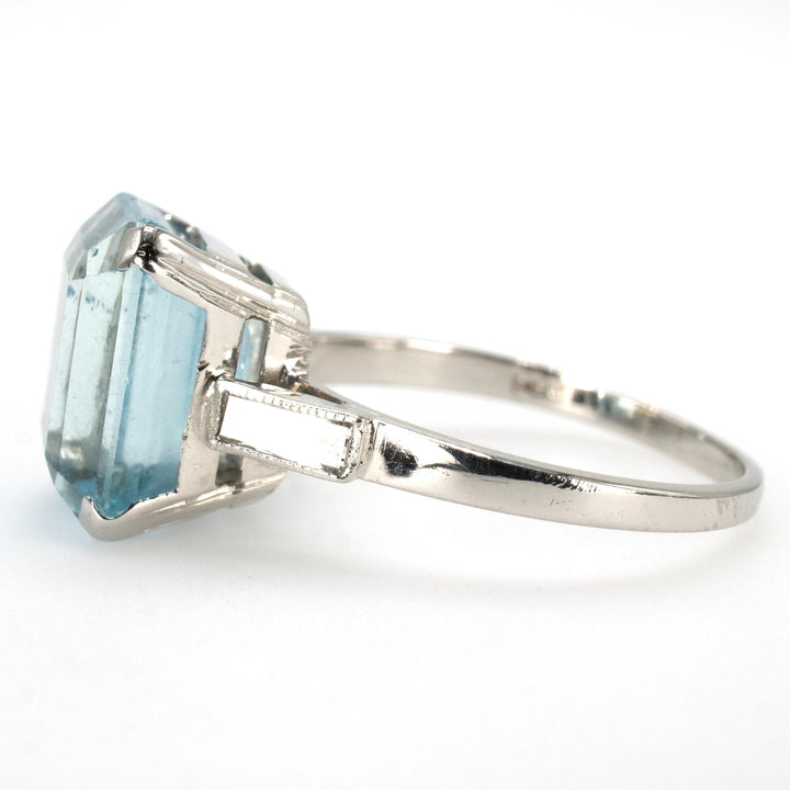 Art Deco Emerald Cut Aquamarine and Baguette Diamond Solitaire