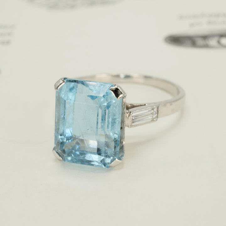 Art Deco Emerald Cut Aquamarine and Baguette Diamond Solitaire