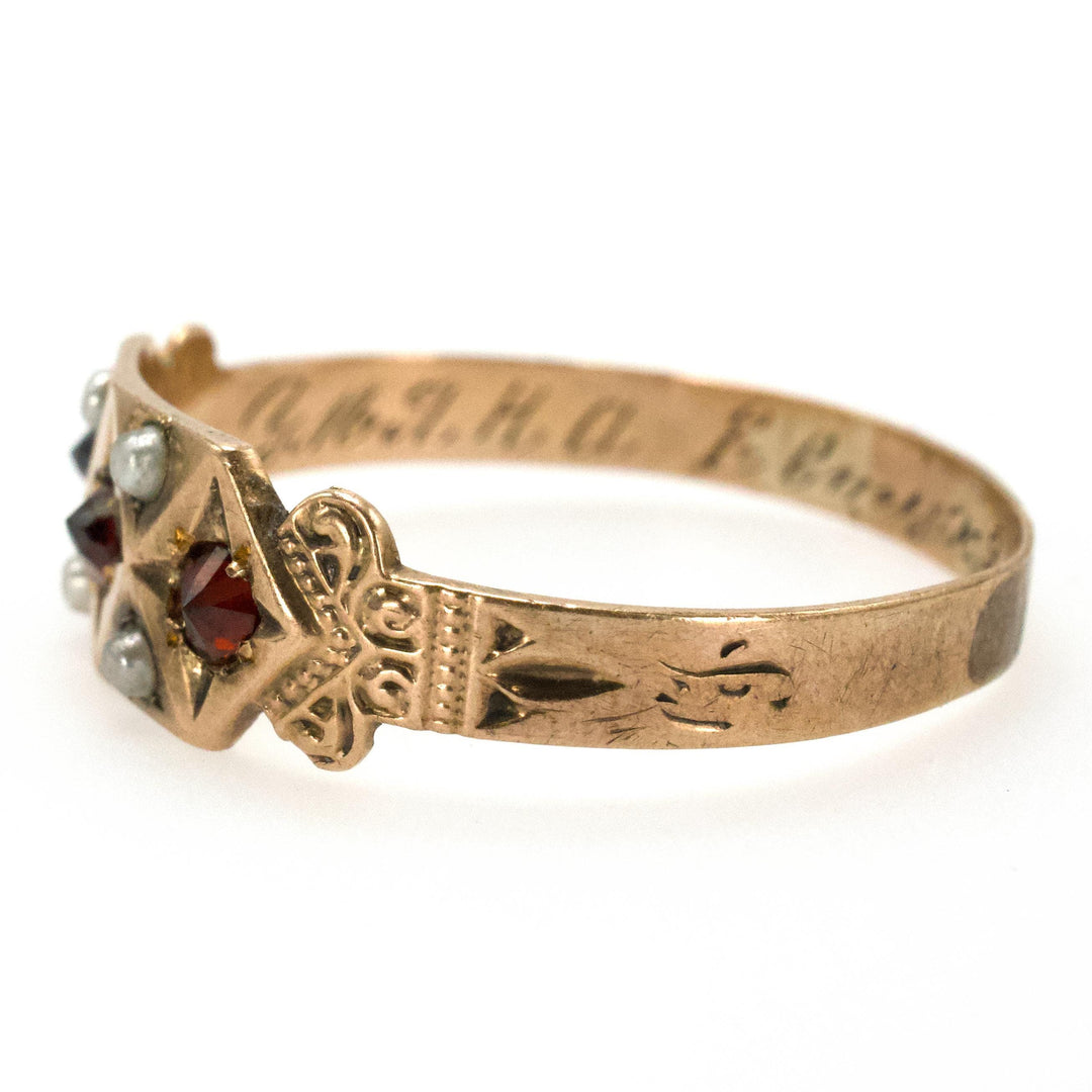 Victorian 10K Yellow Gold Garnet and Seed Pearl Gents Band