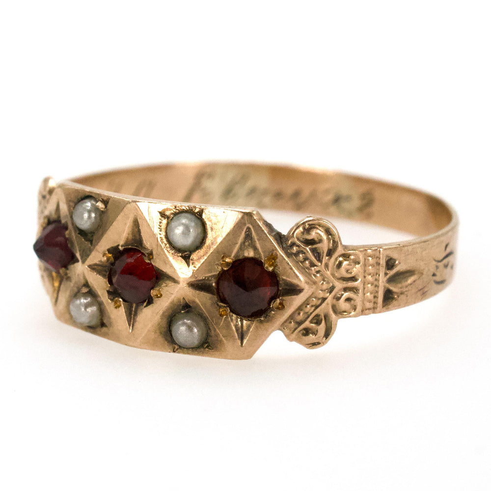 Victorian 10K Yellow Gold Garnet and Seed Pearl Gents Band