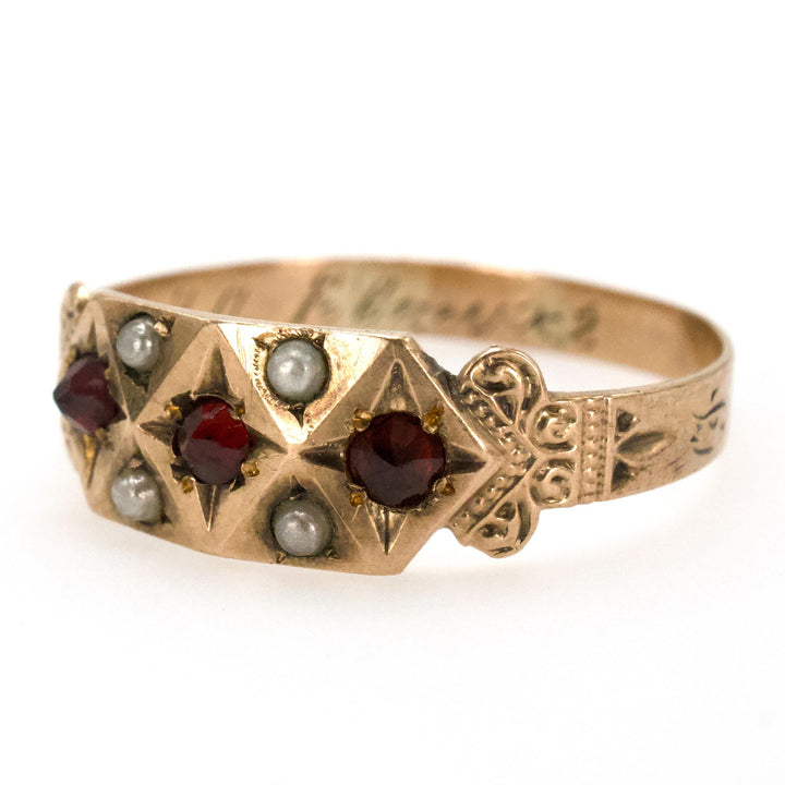 Victorian 10K Yellow Gold Garnet and Seed Pearl Gents Band
