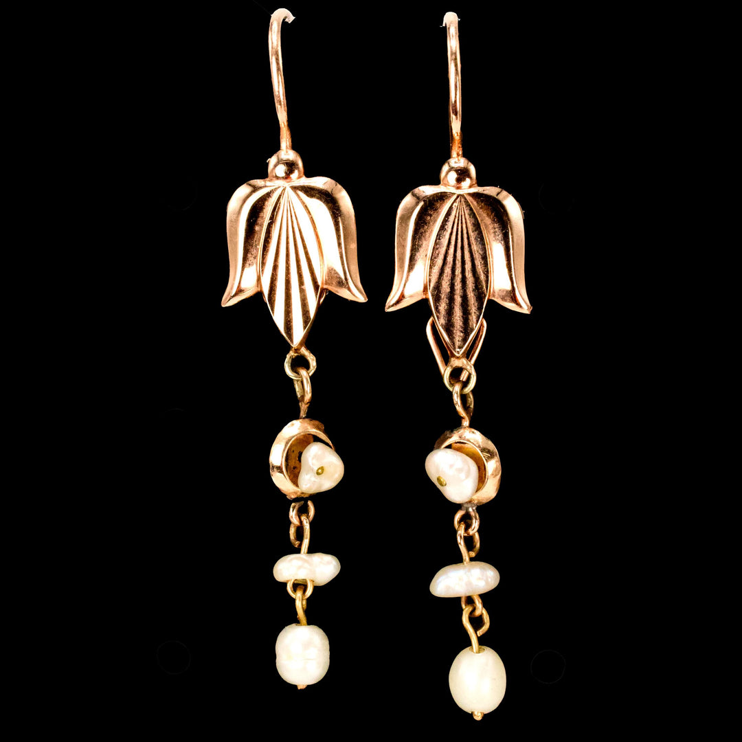 Victorian Style Stylized Lotus Drop Earrings in Pink Gold with Pearls