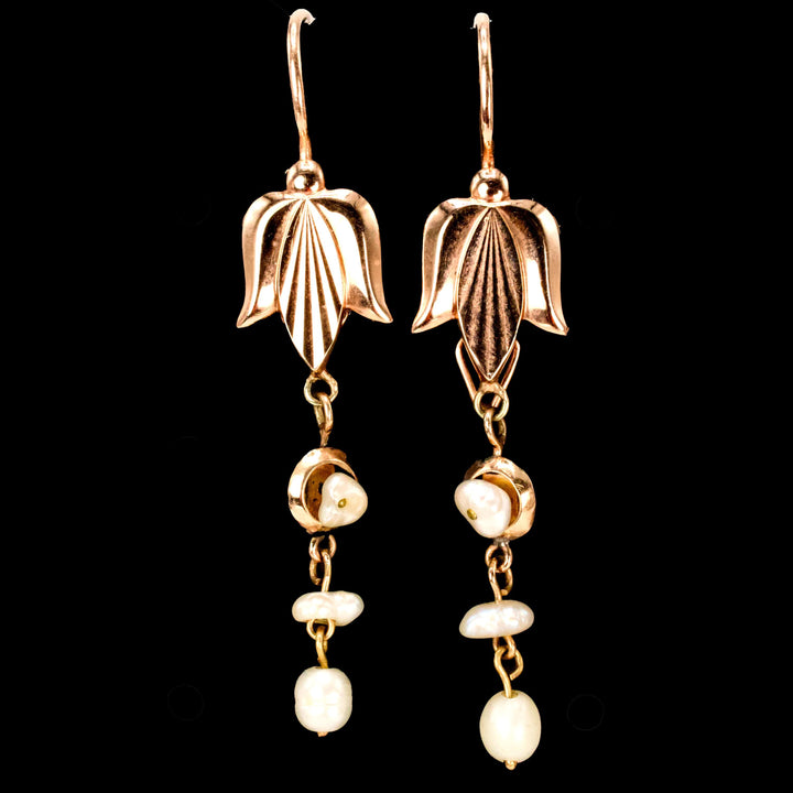 Victorian Style Stylized Lotus Drop Earrings in Pink Gold with Pearls