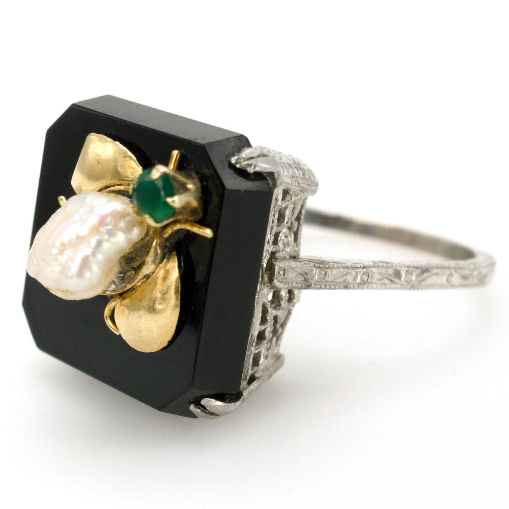 Antique White Gold Filigree Ring with Square Onyx and Emerald, Pearl, and Gold Bee