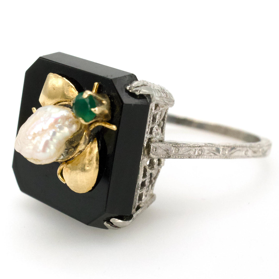 Antique White Gold Filigree Ring with Square Onyx and Emerald, Pearl, and Gold Bee