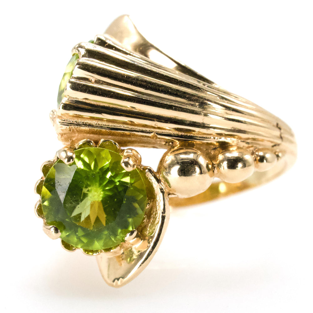Unusual Two Stone Peridot Bypass Ring in 14K Yellow Gold