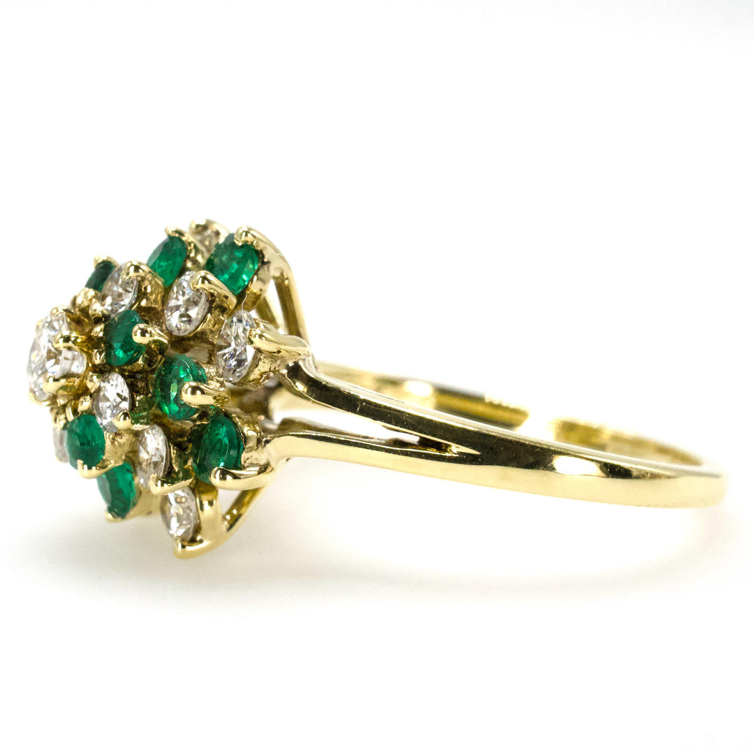 Vintage Emerald and Diamond Swirl Cluster Ring in 18K Yellow Gold