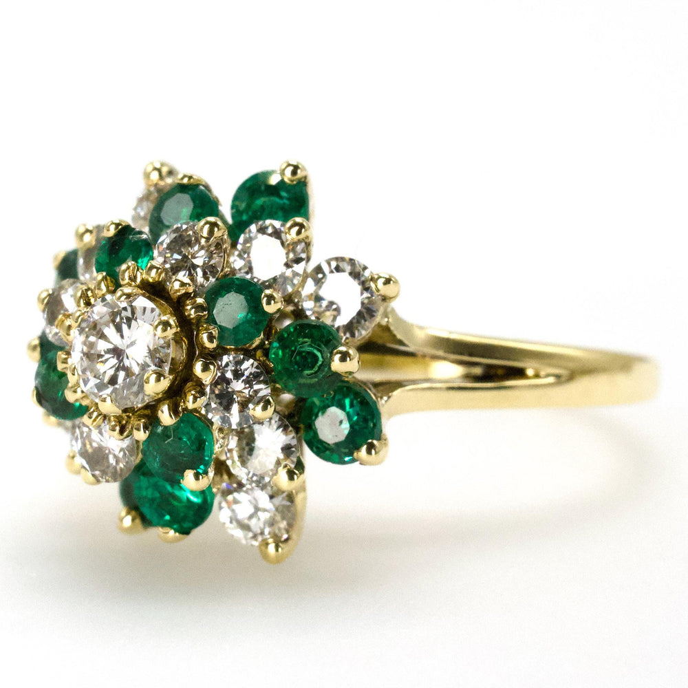 Vintage Emerald and Diamond Swirl Cluster Ring in 18K Yellow Gold