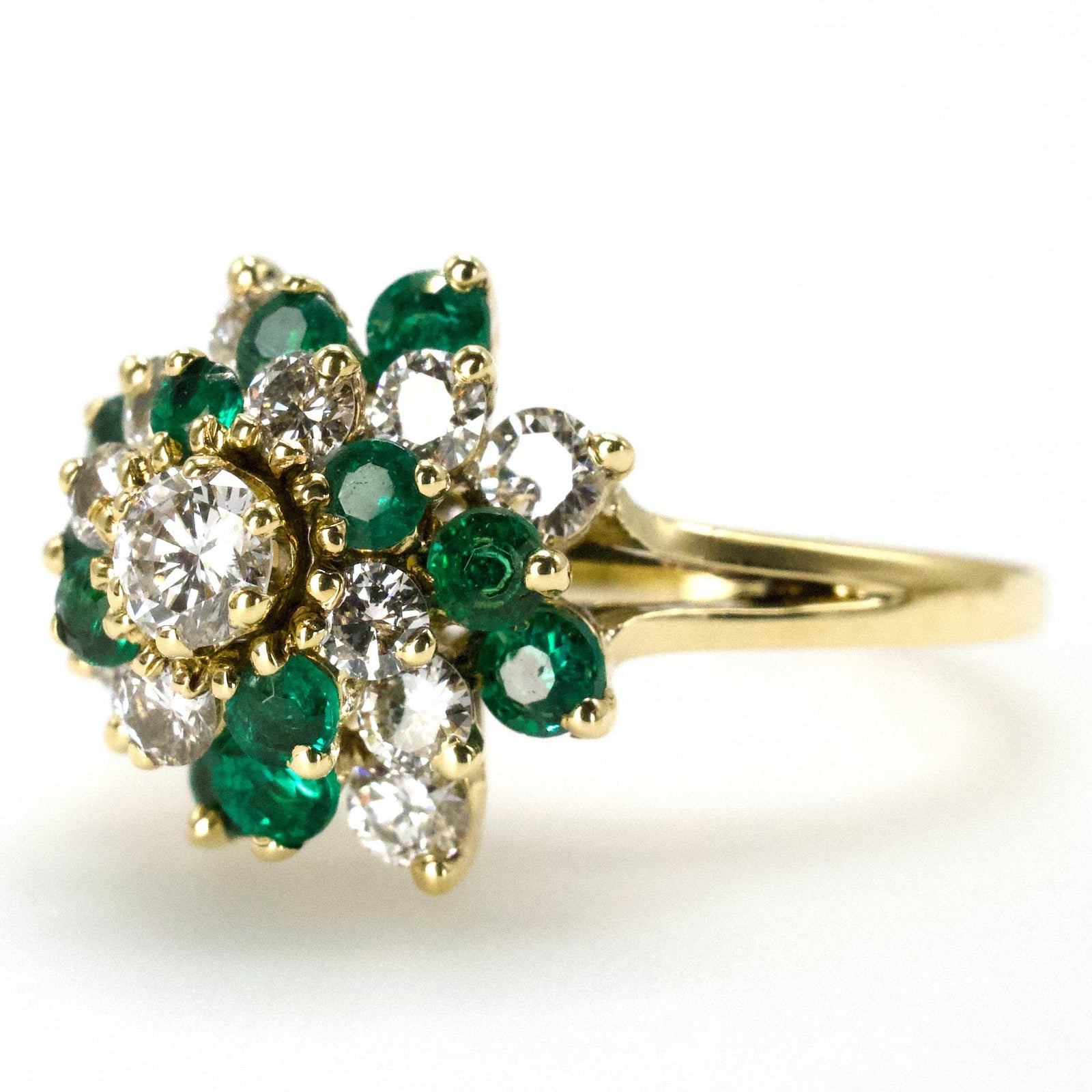 Vintage Emerald and Diamond Swirl Cluster Ring in 18K Yellow Gold