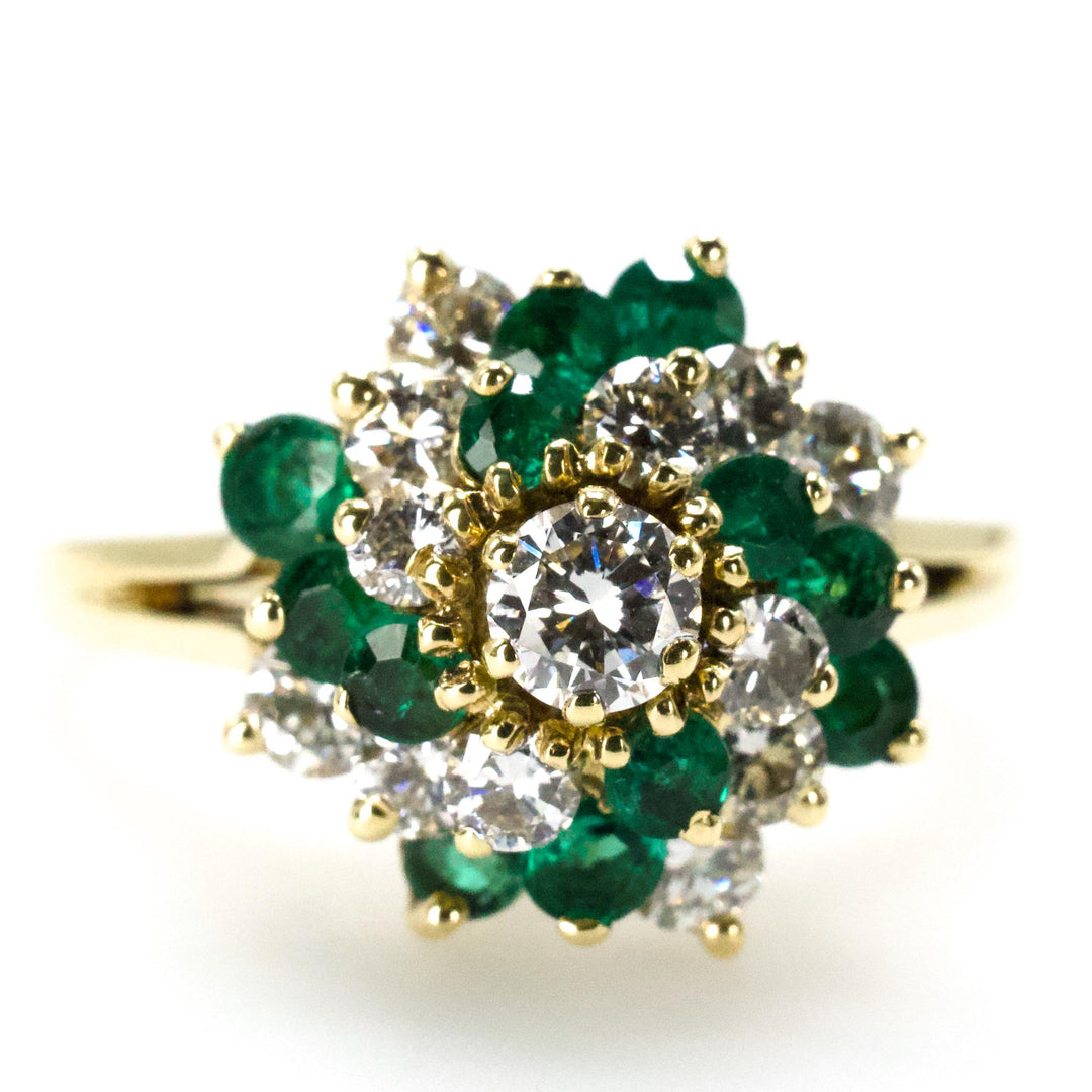 Vintage Emerald and Diamond Swirl Cluster Ring in 18K Yellow Gold