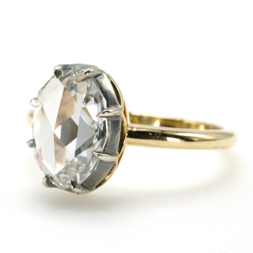 Georgian Style Solitaire with 1.61 Carat Oval Rose Cut Lab Diamond in Sterling Silver and Gold
