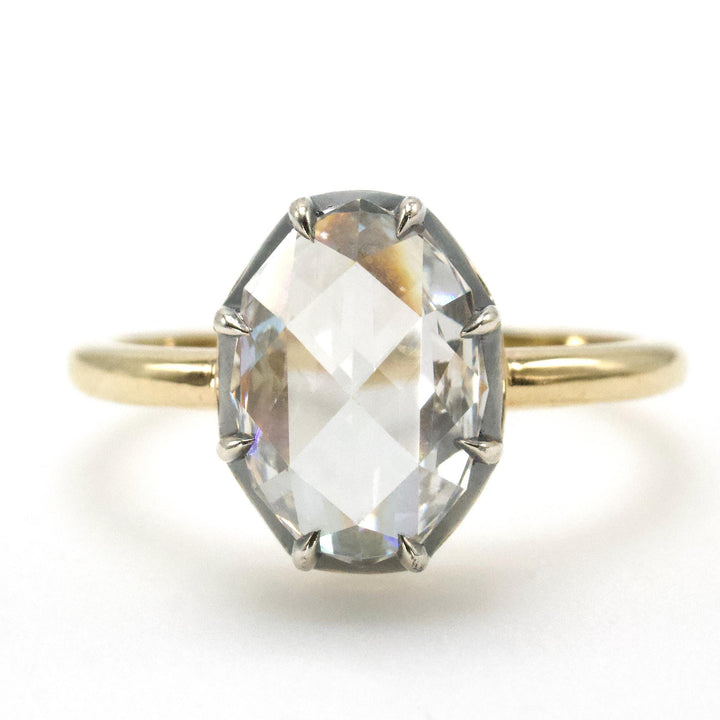 Georgian Style Solitaire with 1.61 Carat Oval Rose Cut Lab Diamond in Sterling Silver and Gold